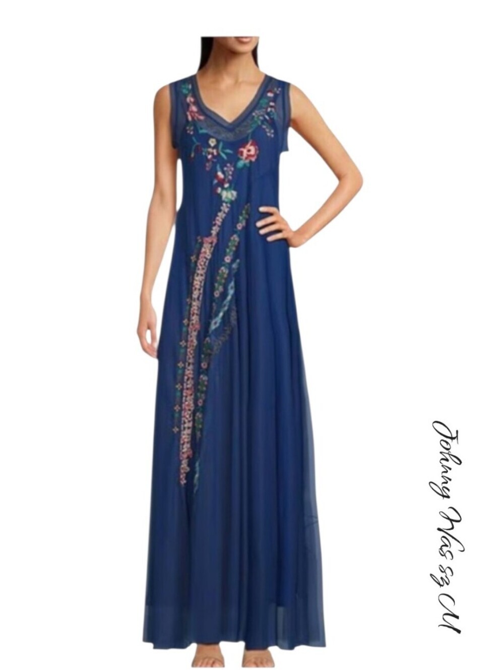 NWT Johnny Was Mazzy Bias Blue Embroidered Maxi Dress M